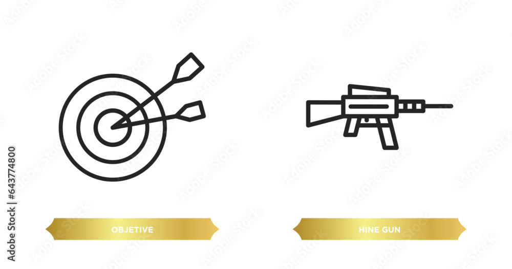 Poster two editable outline icons from weapons concept. thin line icons such as objetive, hine gun vector.