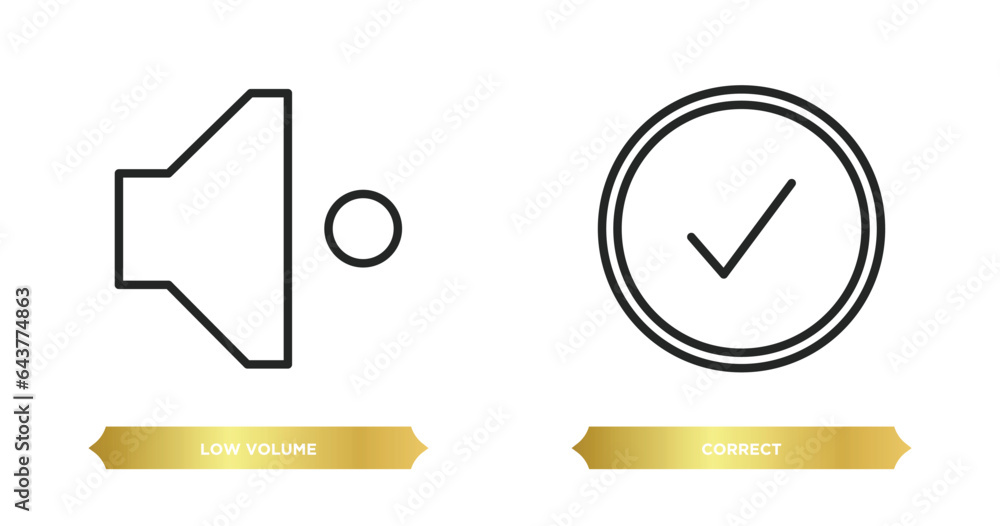 Poster two editable outline icons from user interface concept. thin line icons such as low volume, correct 