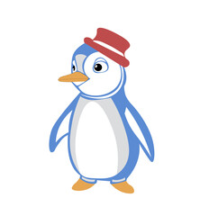 Vector illustration of a cartoon penguin with a hat on a white background