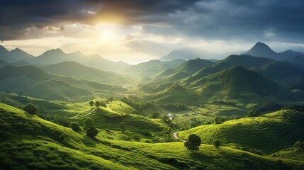  a scenic view of a lush green mountain valley with a road running through it.  generative ai