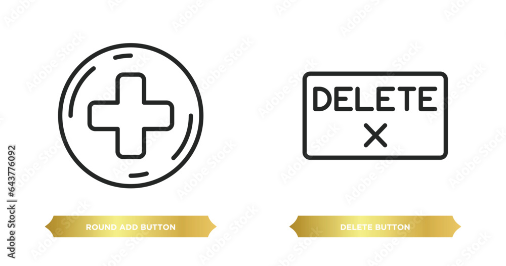 Poster two editable outline icons from user interface concept. thin line icons such as round add button, de