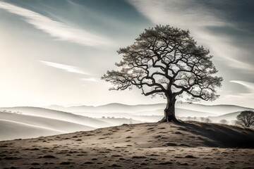 A lone tree graces the crest of a serene hill