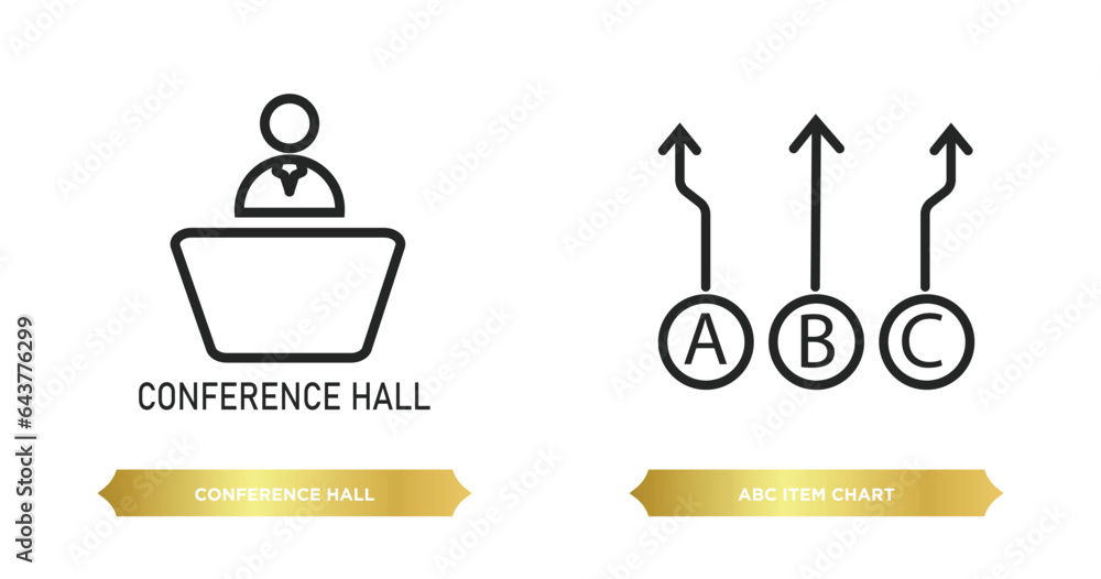 Poster two editable outline icons from user interface concept. thin line icons such as conference hall, abc