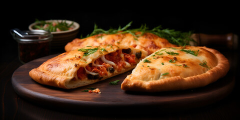 Delicious pizza calzone with tomato sauce and cheese on white plate