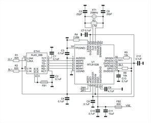 Schematic diagram of electronic device. 
Vector drawing electrical circuit with 
integrated circuit, resistor, capacitor, 
fuse, connector, quartz resonator, twisted pair
 and other components.
