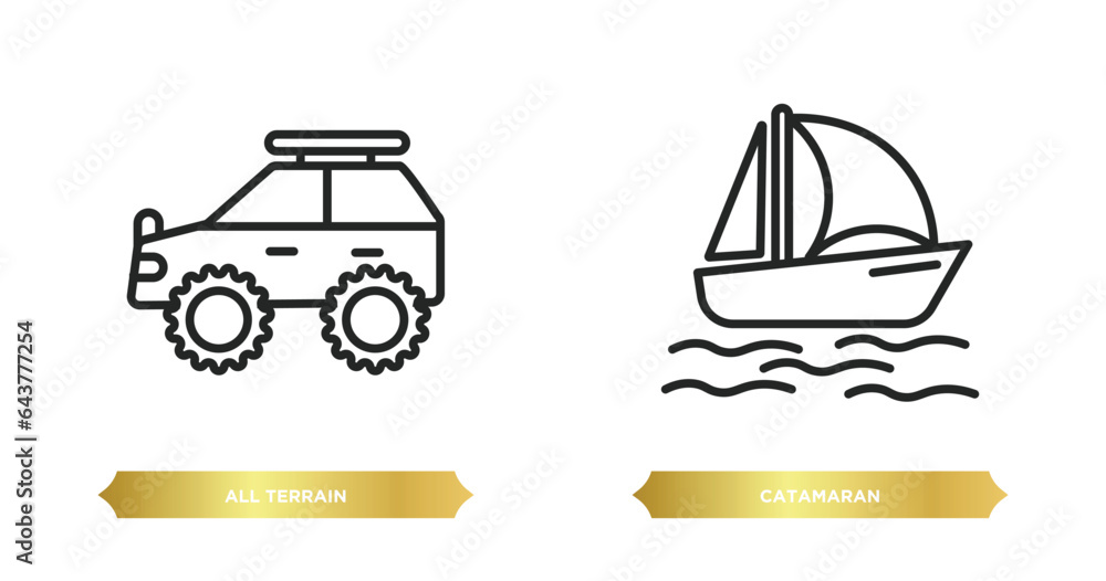 Aufkleber two editable outline icons from transportation concept. thin line icons such as all terrain, catamar