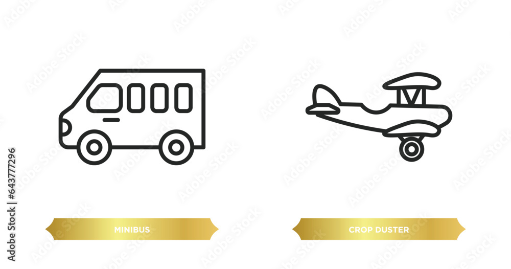 Poster two editable outline icons from transportation concept. thin line icons such as minibus, crop duster