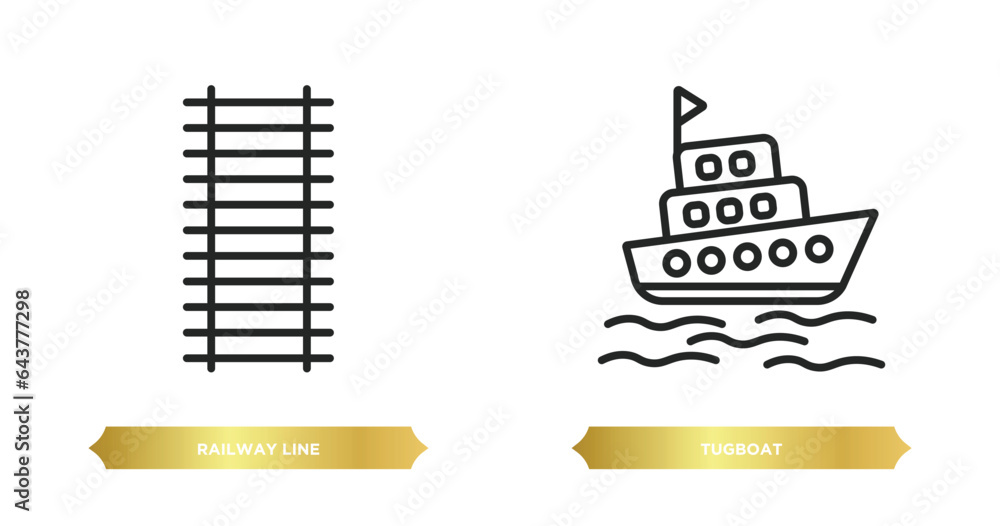 Poster two editable outline icons from transportation concept. thin line icons such as railway line, tugboa