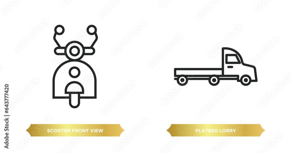 Poster two editable outline icons from transportation concept. thin line icons such as scooter front view, 