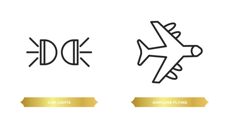 two editable outline icons from transport concept. thin line icons such as car lights, airplane flying vector.