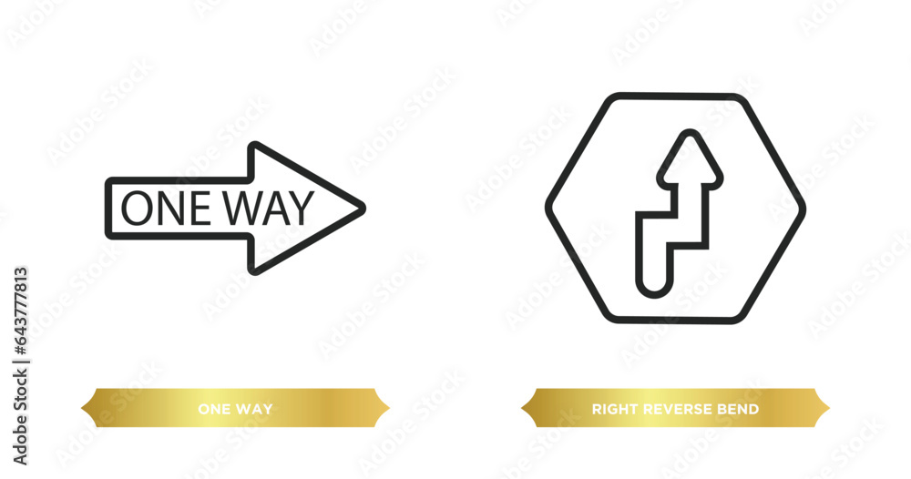 Poster two editable outline icons from traffic signs concept. thin line icons such as one way, right revers