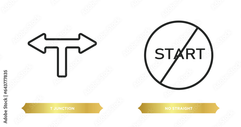 Poster two editable outline icons from traffic signs concept. thin line icons such as t junction, no straig