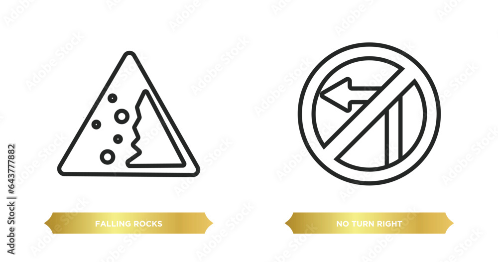 Poster two editable outline icons from traffic signs concept. thin line icons such as falling rocks, no tur