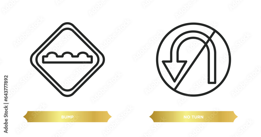 Poster two editable outline icons from traffic signs concept. thin line icons such as bump, no turn vector.