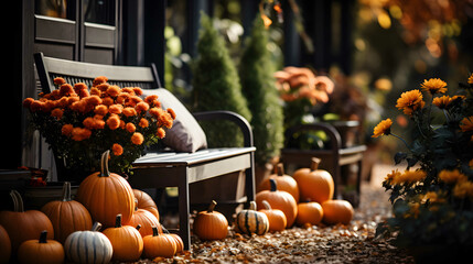 Autumn thanksgiving decoration with pumpkins and chairs on terrace, outdoors. Porch of the backyard decorated with pumpkins and autumn flowers.