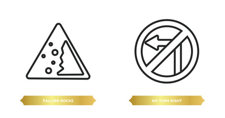 two editable outline icons from traffic signs concept. thin line icons such as falling rocks, no turn right vector.