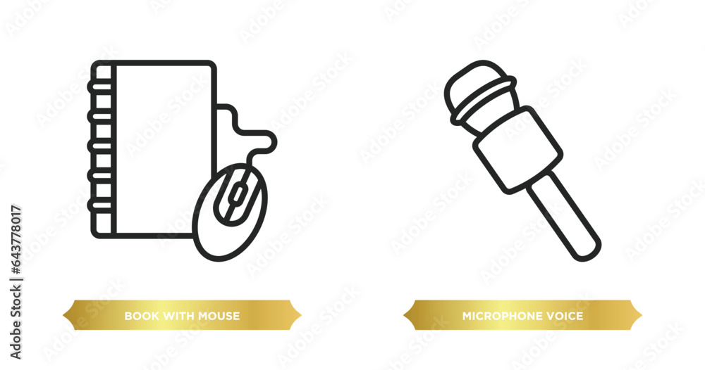 Poster two editable outline icons from tools and utensils concept. thin line icons such as book with mouse,