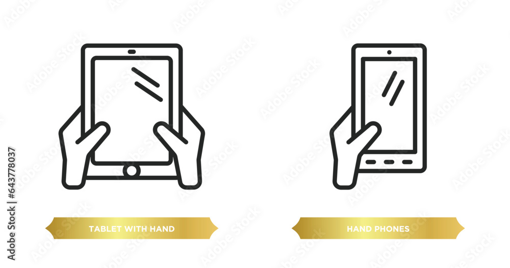 Poster two editable outline icons from tools and utensils concept. thin line icons such as tablet with hand