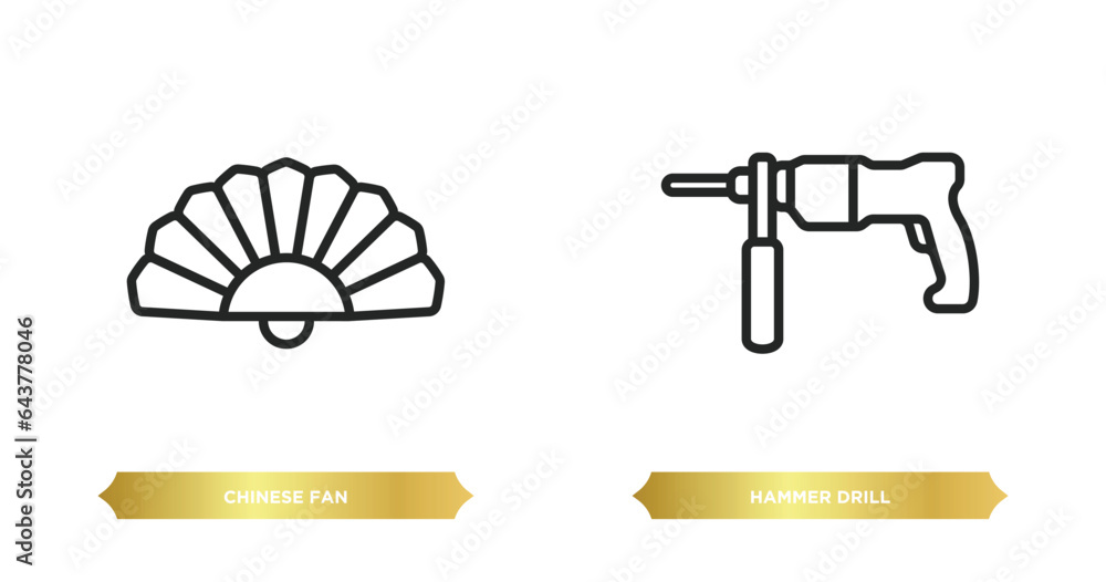 Poster two editable outline icons from tools and utensils concept. thin line icons such as chinese fan, ham