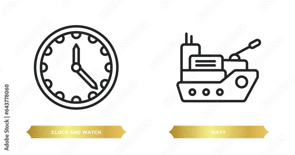 Poster two editable outline icons from tools and utensils concept. thin line icons such as clock and watch,