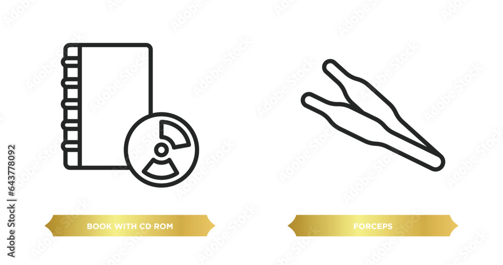 Poster two editable outline icons from tools and utensils concept. thin line icons such as book with cd rom