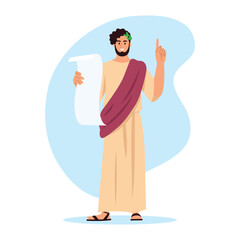 Vector illustration of a handsome ancient philosopher isolated on white background. Cartoon scene with a philosopher orator dressed in a toga and a laurel branch in his hair reading a treatise.