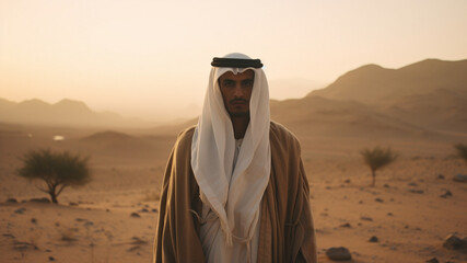 30 year old saudi man standing in desert, confident smile, facing camera, soft morning light.