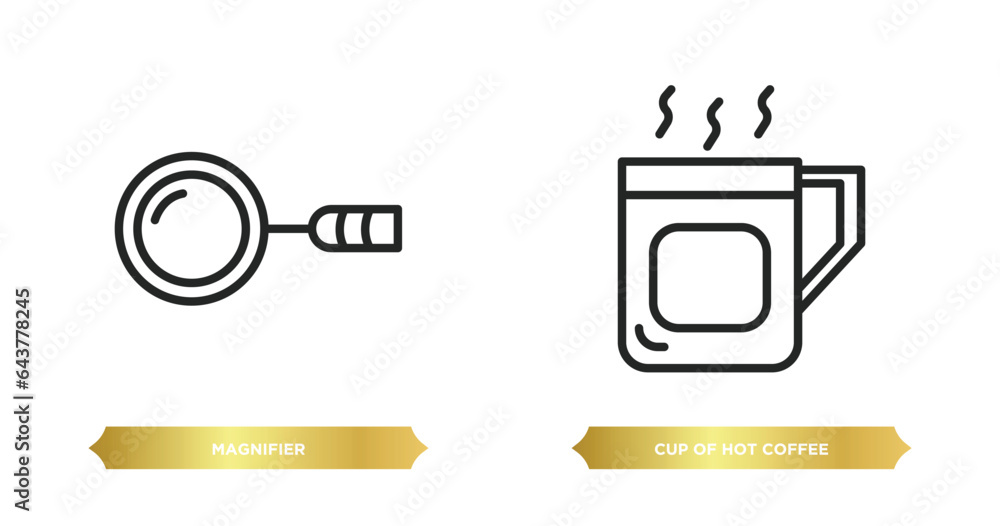 Poster two editable outline icons from tools and utensils concept. thin line icons such as magnifier, cup o