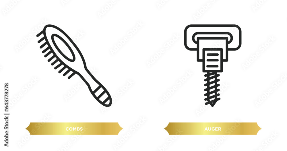 Poster two editable outline icons from tools and utensils concept. thin line icons such as combs, auger vec