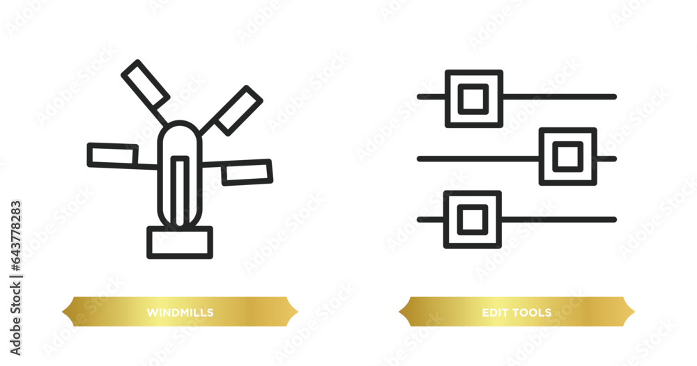 Poster two editable outline icons from tools and utensils concept. thin line icons such as windmills, edit 