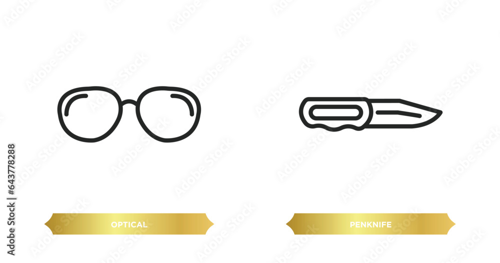 Poster two editable outline icons from tools and utensils concept. thin line icons such as optical, penknif
