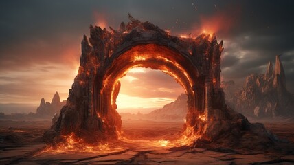 Amazing fantasy concept arch portal rock inferno high res Ai generated art - obrazy, fototapety, plakaty