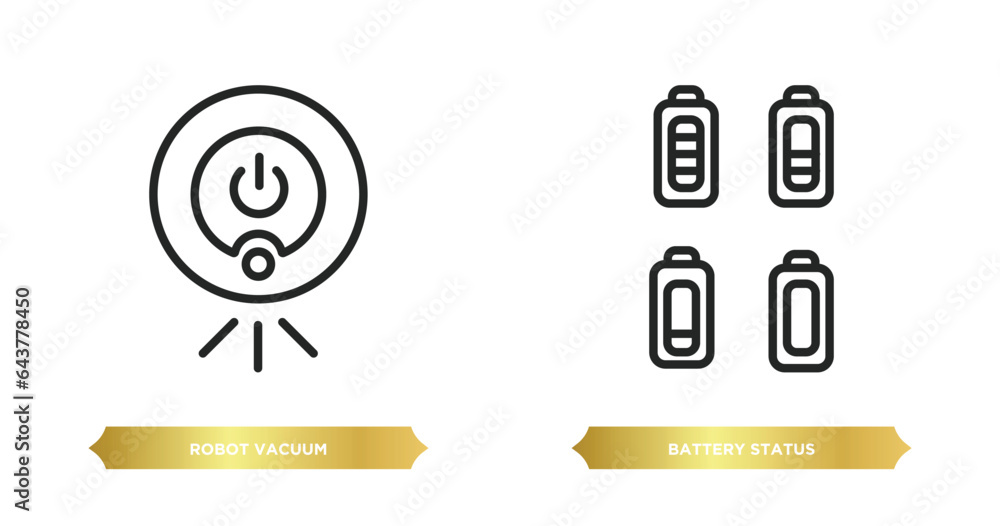 Poster two editable outline icons from technology concept. thin line icons such as robot vacuum, battery st