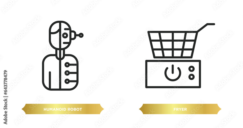Poster two editable outline icons from technology concept. thin line icons such as humanoid robot, fryer ve
