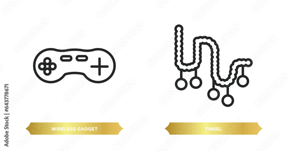 Poster two editable outline icons from technology concept. thin line icons such as wireless gadget, tinsel 