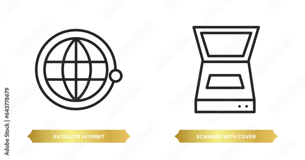 Poster two editable outline icons from technology concept. thin line icons such as satellite in orbit, scan