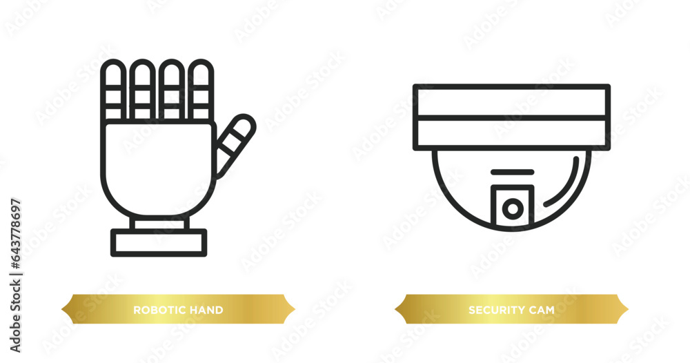 Poster two editable outline icons from technology concept. thin line icons such as robotic hand, security c