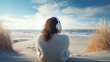 Fototapeta na wymiar the back view of a woman wearing headphones, sitting on a bench on a winter beach. She's listening to music, breathing in the crisp, fresh air, and embracing the tranquility of the season.