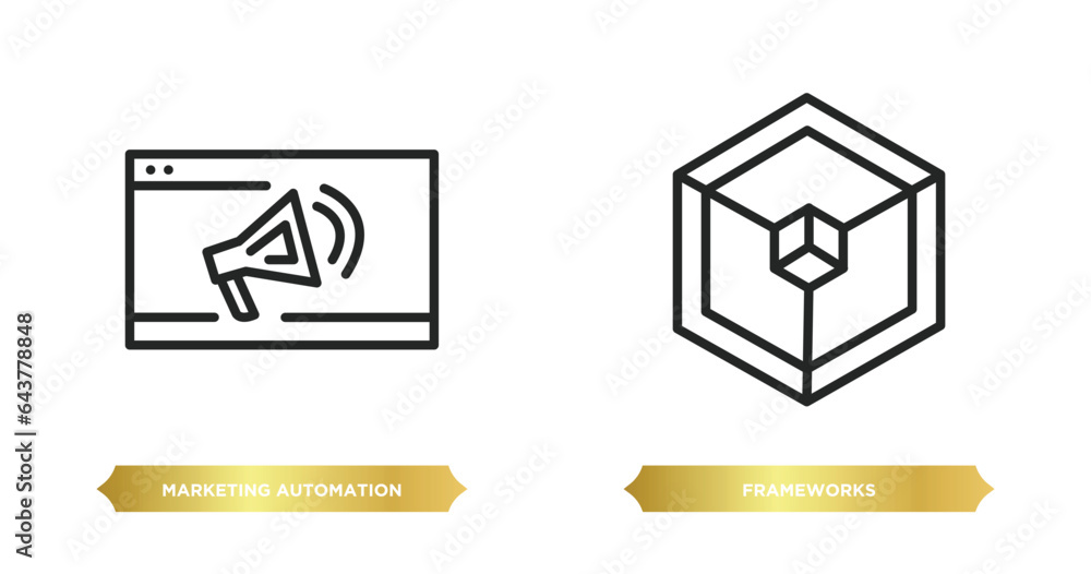 Poster two editable outline icons from technology concept. thin line icons such as marketing automation, fr