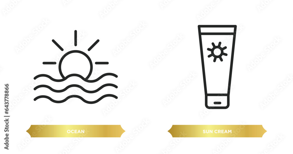 Poster two editable outline icons from summer concept. thin line icons such as ocean, sun cream vector.