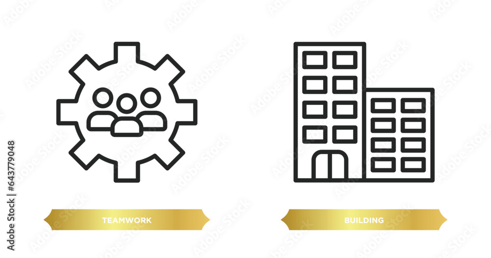 Poster two editable outline icons from strategy concept. thin line icons such as teamwork, building vector.
