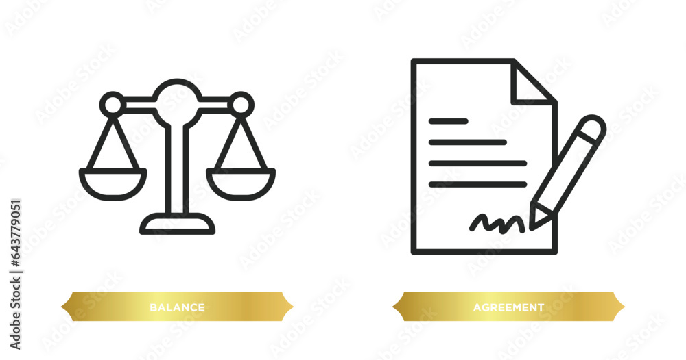 Poster two editable outline icons from strategy concept. thin line icons such as balance, agreement vector.