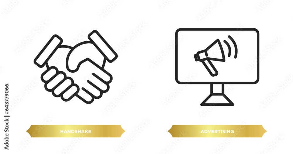 Poster two editable outline icons from strategy concept. thin line icons such as handshake, advertising vec