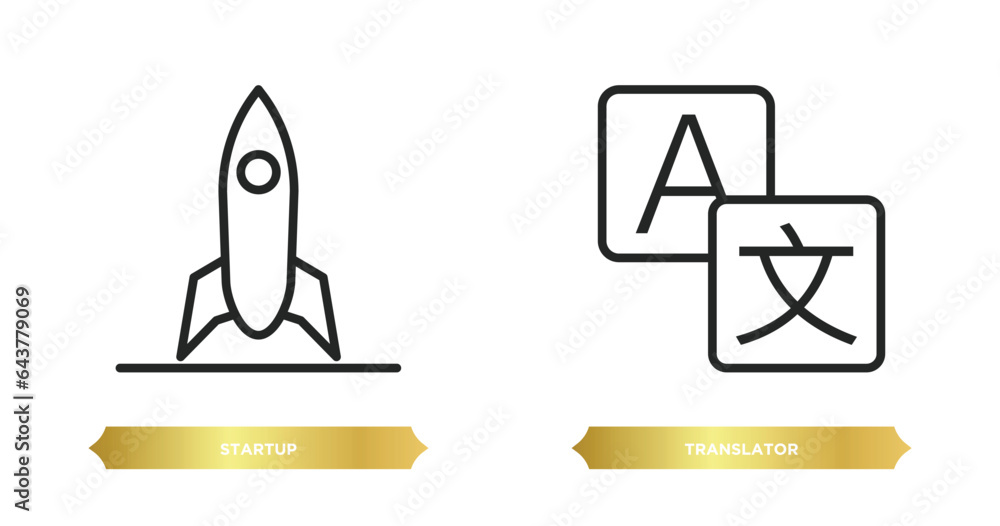 Poster two editable outline icons from strategy concept. thin line icons such as startup, translator vector