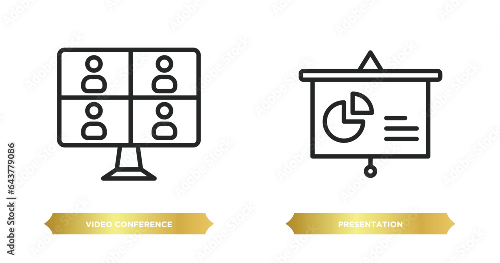Poster two editable outline icons from strategy concept. thin line icons such as video conference, presenta