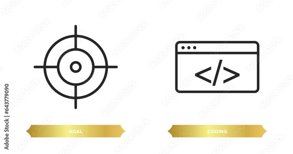 Poster two editable outline icons from strategy concept. thin line icons such as goal, coding vector.