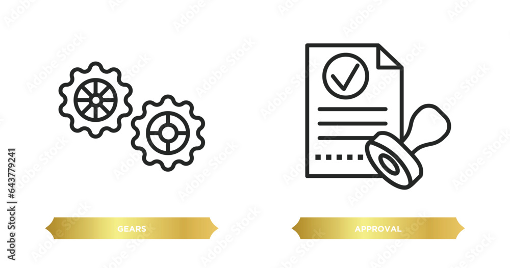 Poster two editable outline icons from success concept. thin line icons such as gears, approval vector.