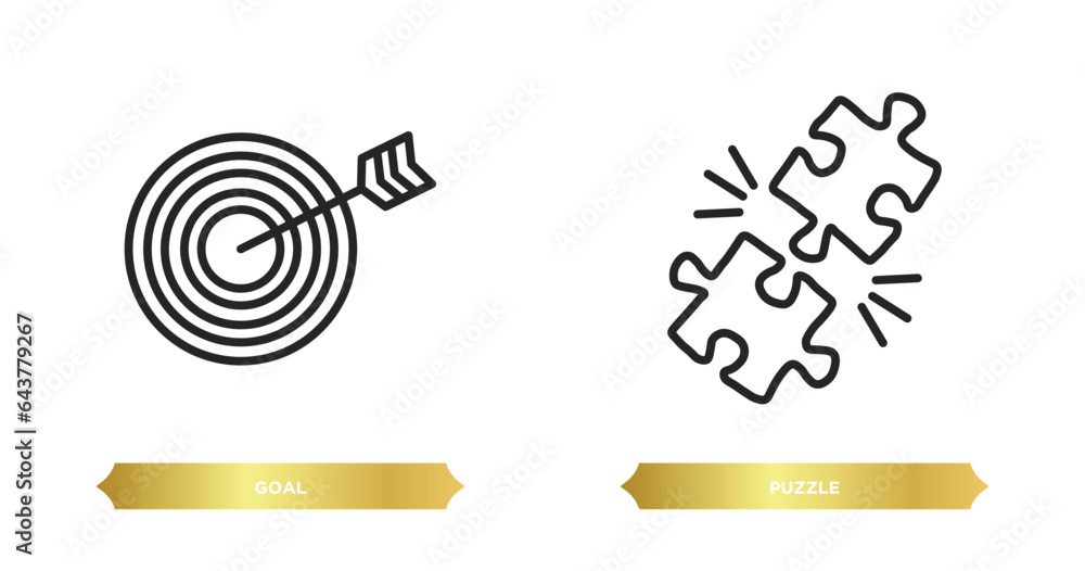 Poster two editable outline icons from success concept. thin line icons such as goal, puzzle vector.