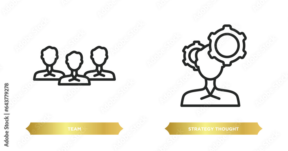 Poster two editable outline icons from startup stategy and concept. thin line icons such as team, strategy 