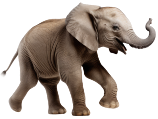 Running african baby elephant isolated on a white background as transparent PNG